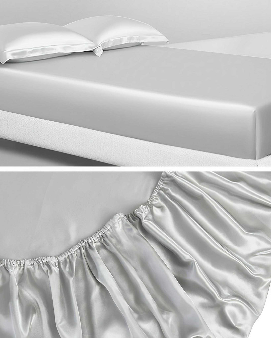 A bed featuring a 19 Momme Seamless Silk Fitted Sheet by SusanSilk with two matching pillowcases; close-up of the fitted sheet's elastic edge showcasing its seamless fit reminiscent of the smoothness found in SusanSilk.