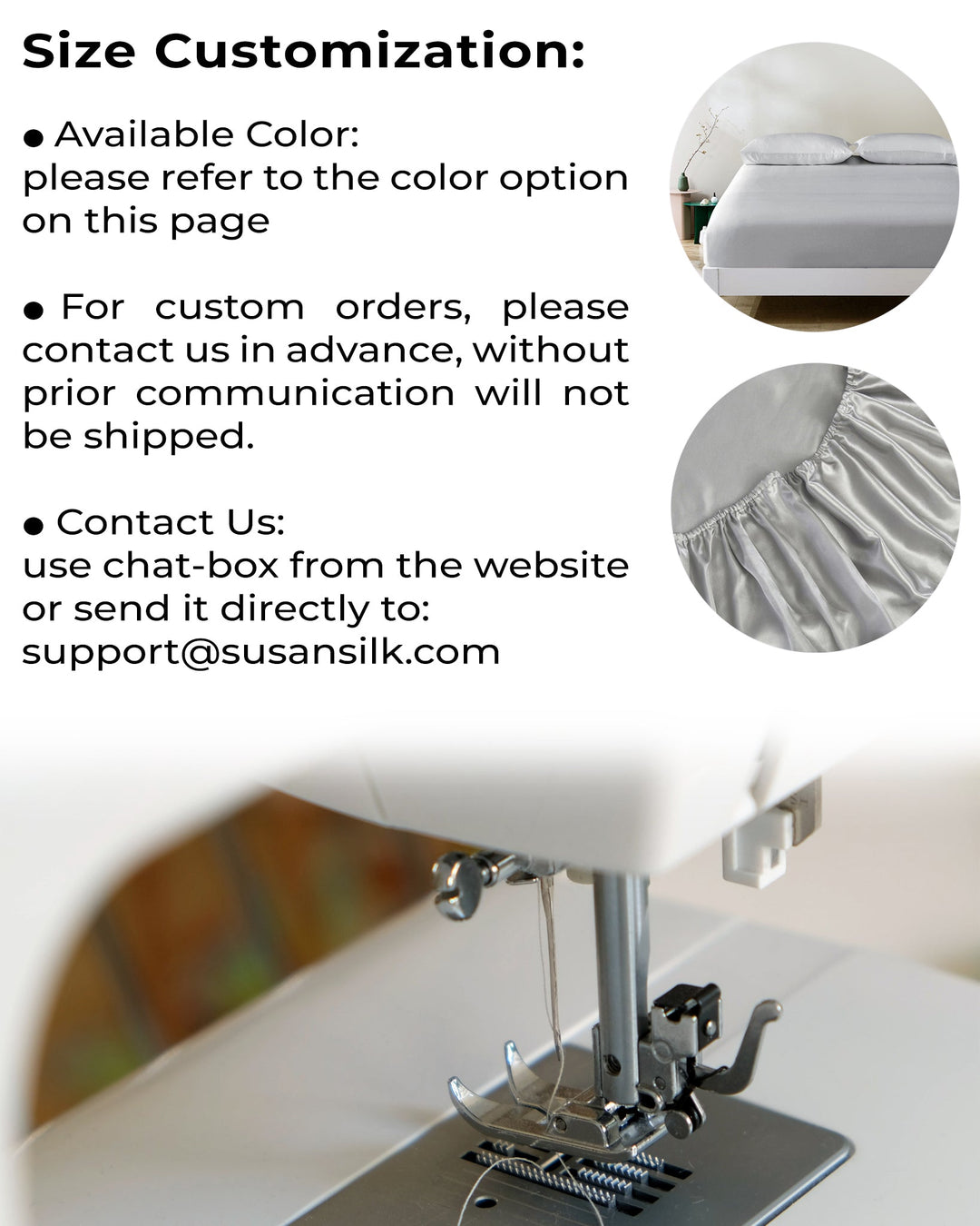 An instructional poster detailing custom bed sheet sizes, featuring images of a 19 Momme Seamless Silk Fitted Sheet and a sewing machine, crafted by SusanSilk. Includes contact information and instructions for color selection and custom order procedures.