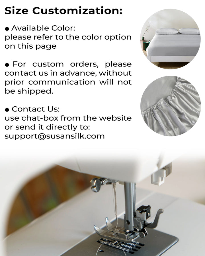 An instructional poster detailing custom bed sheet sizes, featuring images of a 19 Momme Seamless Silk Fitted Sheet and a sewing machine, crafted by SusanSilk. Includes contact information and instructions for color selection and custom order procedures.