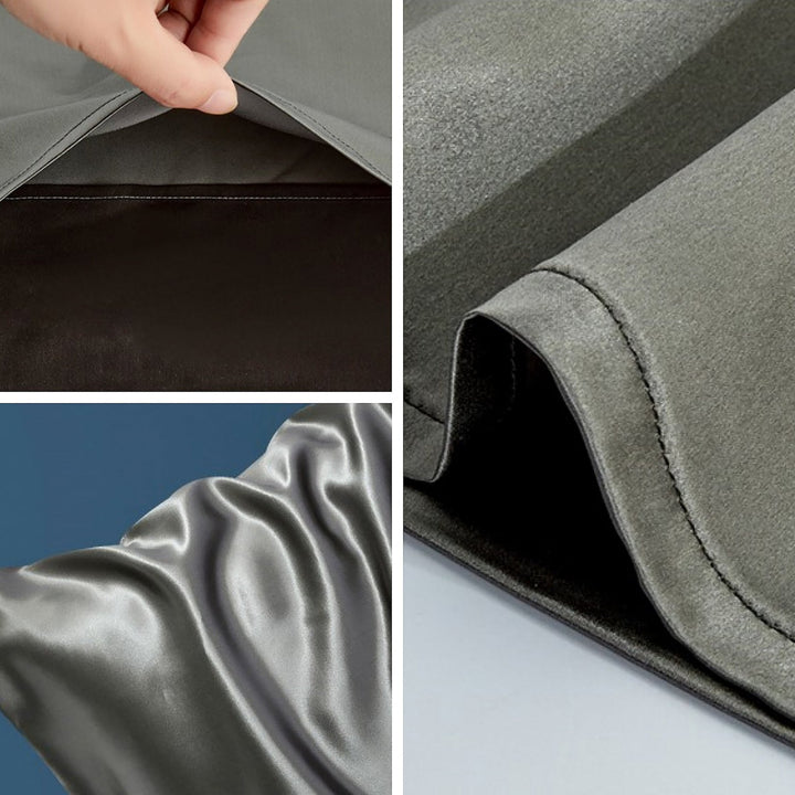 A collage of three images showcasing close-ups of the SusanSilk 22 Momme High Gloss Silk Pillowcase Envelope in gray and black fabric, with a hand gently lifting a corner to subtly reveal the luxurious susansilk texture beneath.