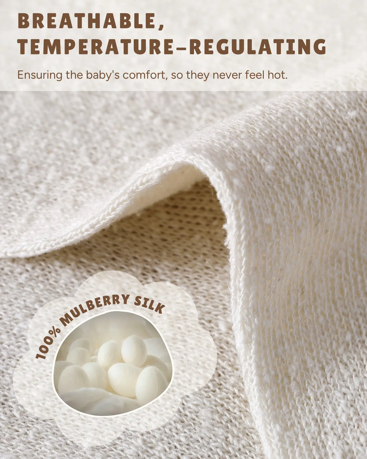 Macro view of 100% pure mulberry silk fabric used in toddler socks. Naturally breathable, moisture-wicking, and temperature-regulating silk helps keep little feet comfortable in all seasons.