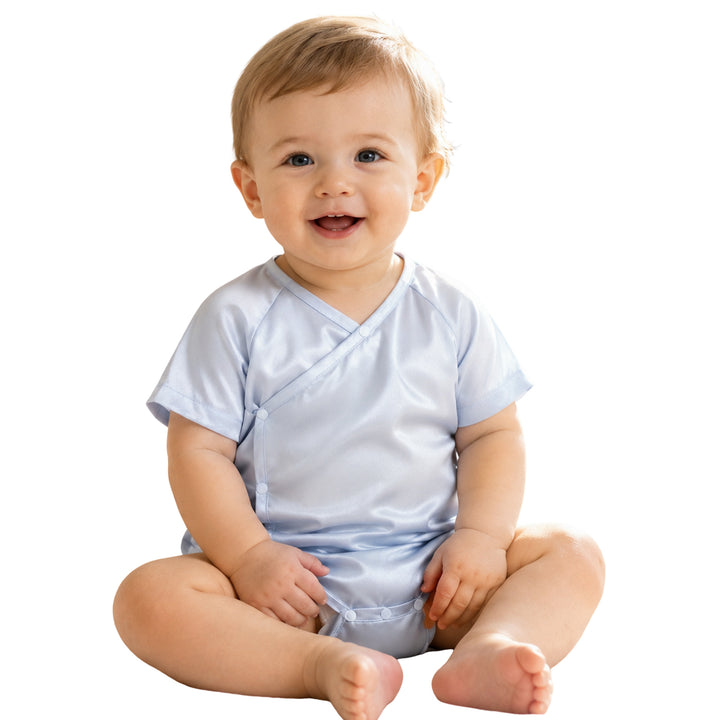 Baby wearing an ice blue 19 momme mulberry silk kimono bodysuit, soft breathable silk baby romper for sensitive skin