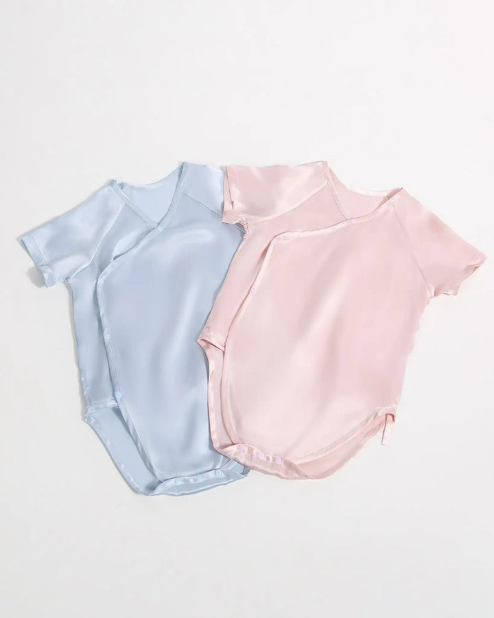 Butter cream mulberry silk baby kimono bodysuit with side snap closure made from soft 19 momme silk