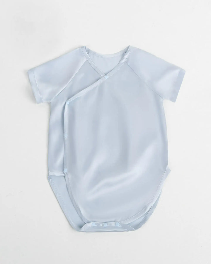 Ice blue mulberry silk baby kimono onesie with side snap buttons and lightweight breathable silk fabric