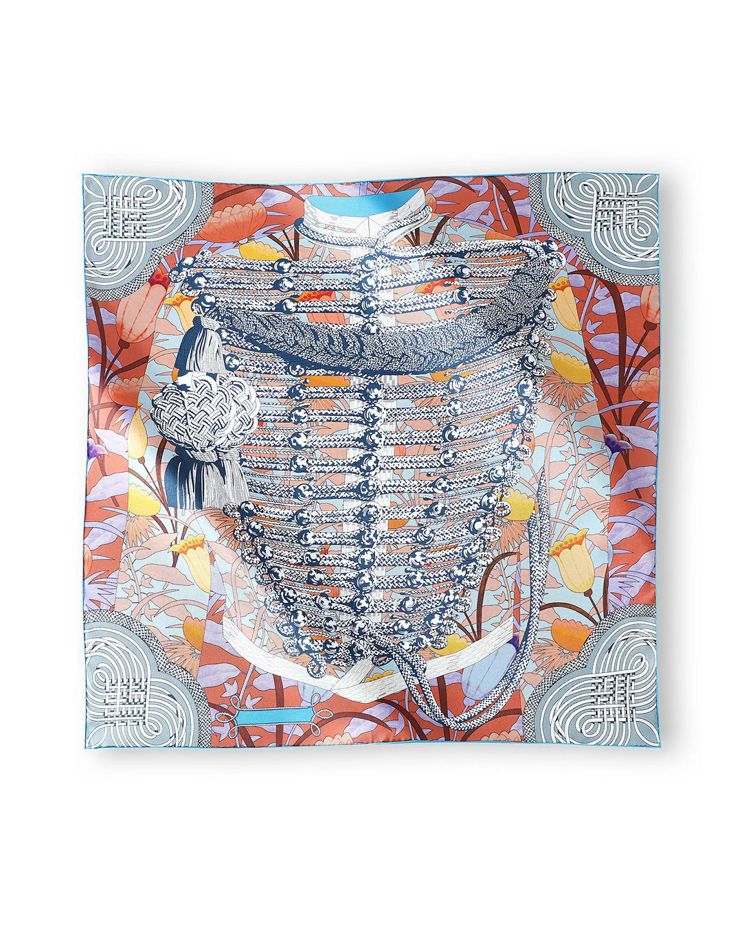 Decorative scarf with intricate patterns and colors on a white background