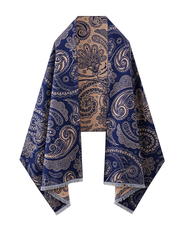 Navy blue and beige paisley patterned scarf on a white background