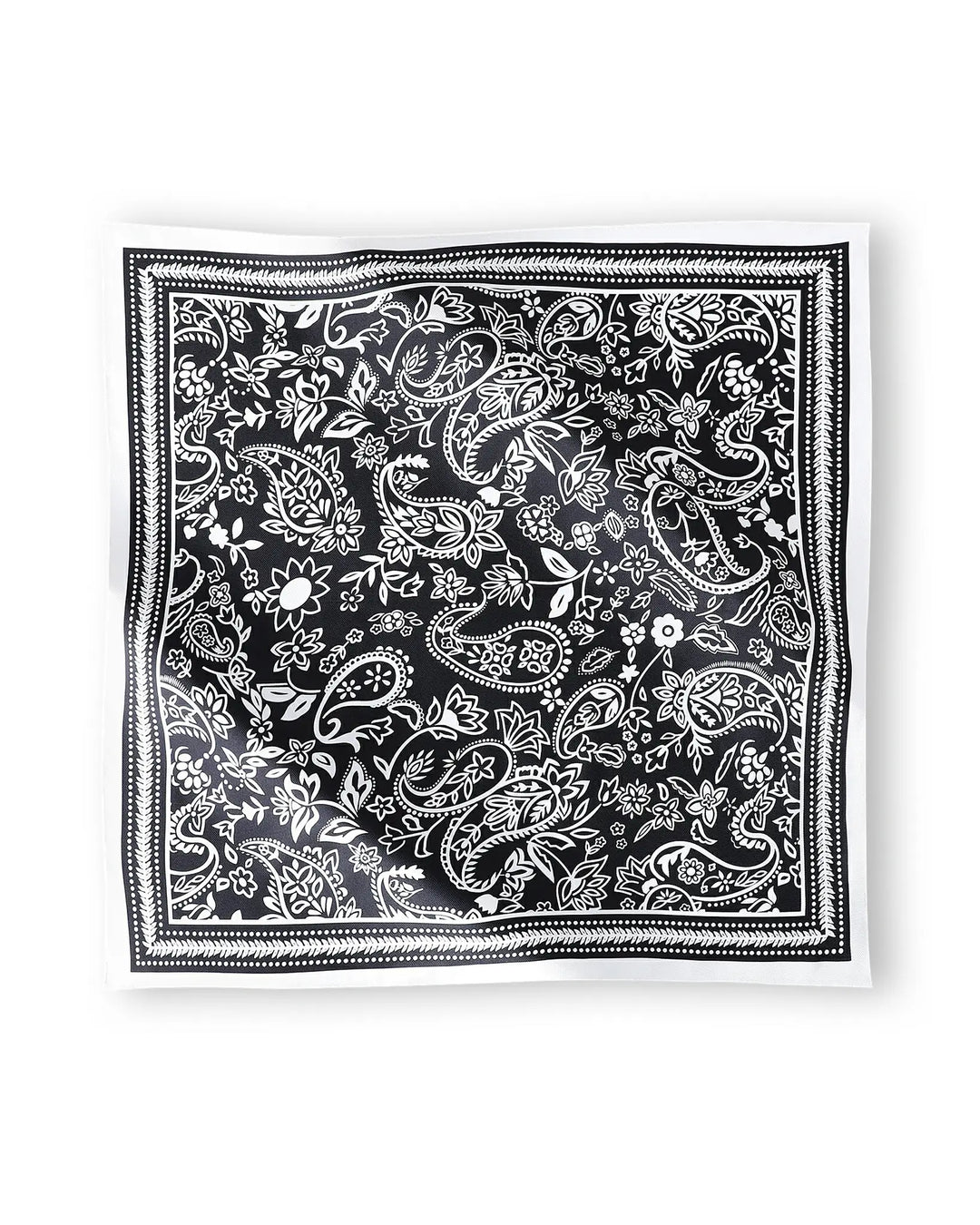 Black bandana with white paisley pattern on a white background