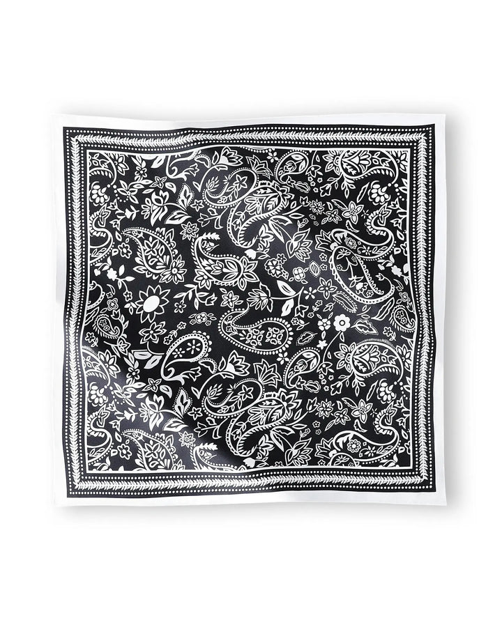 Black bandana with white paisley pattern on a white background