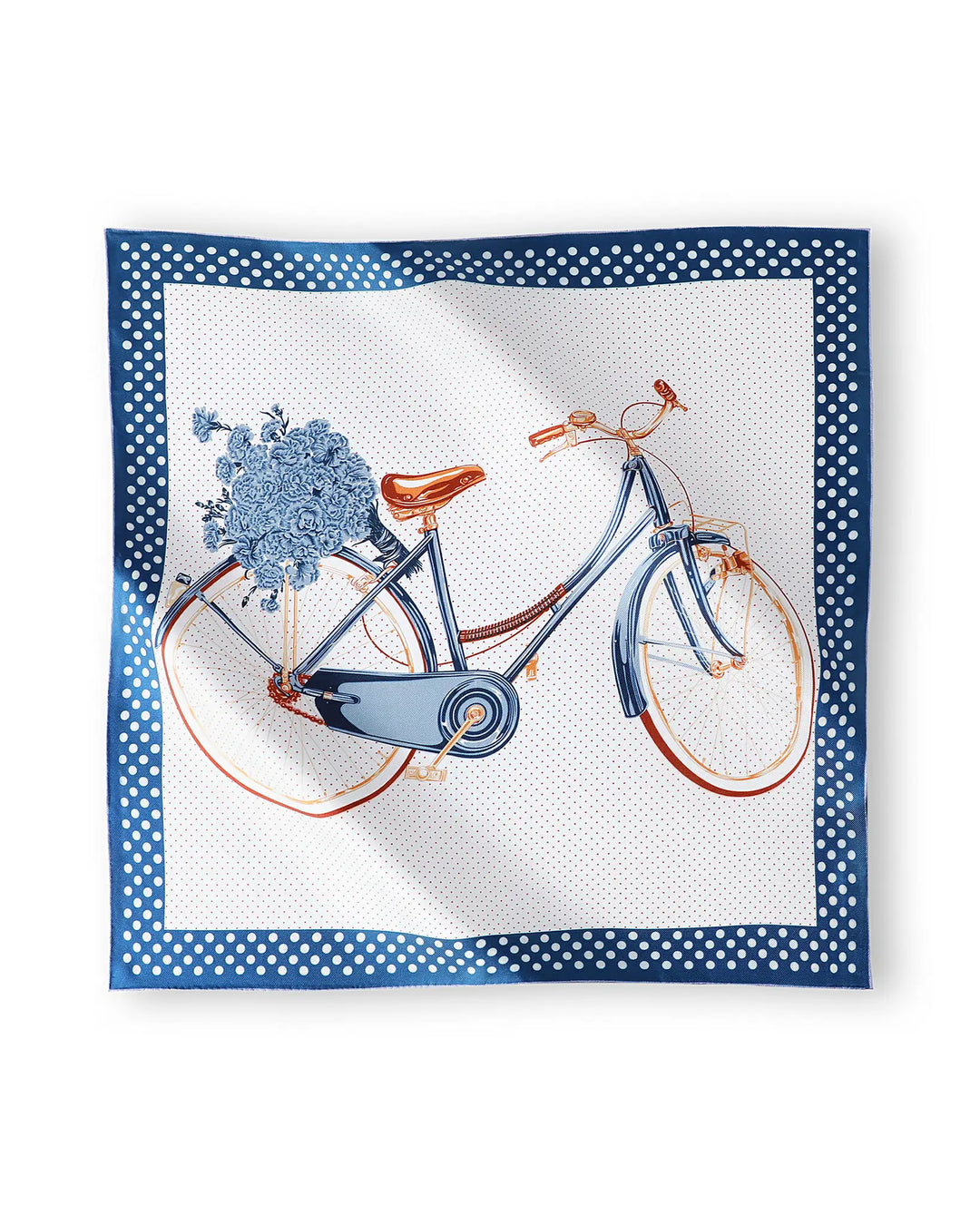 Square scarf with a bicycle and flower design on a white background