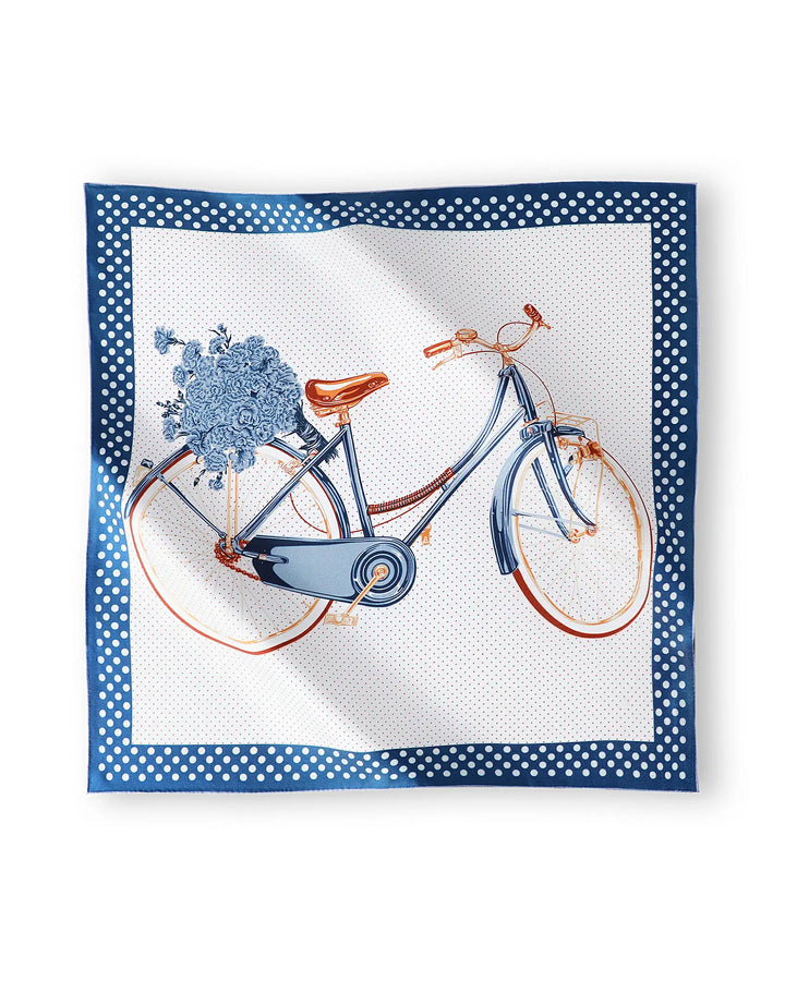 Square scarf with a bicycle and flower design on a white background