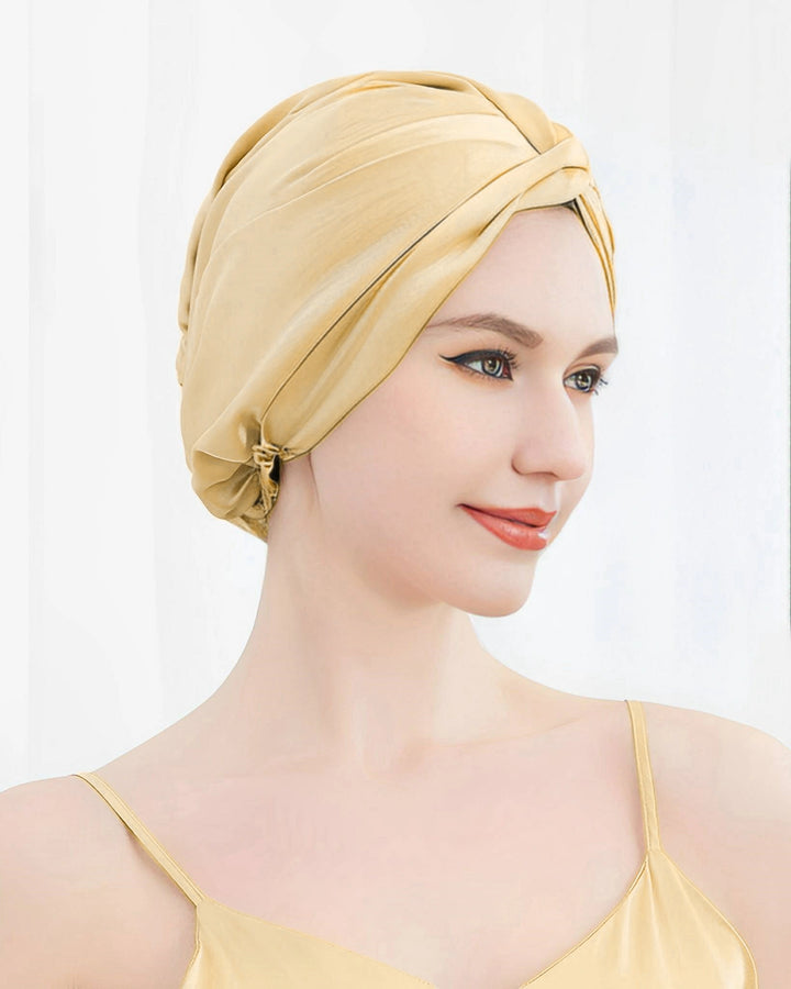Model wearing double layer mulberry silk sleep bonnet, smooth breathable silk bonnet with full lining for overnight hair protection