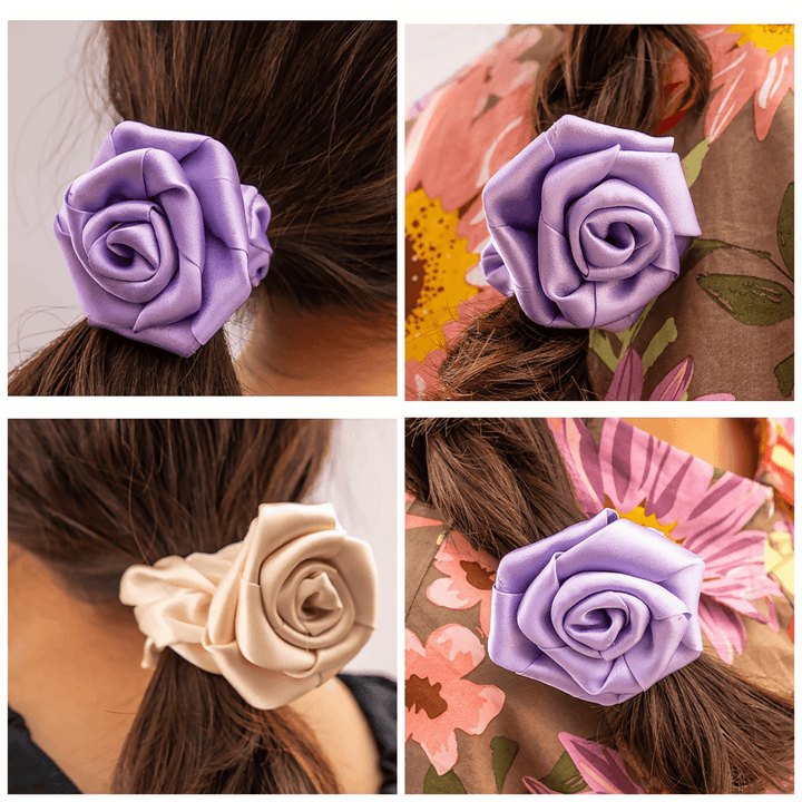 Four images showcase close-ups of women with rose-shaped Elegant Camellia Silk Scrunchies from SusanSilk in their hair. Each accessory is in a different color (purple, lavender, and beige) and paired with floral clothing.