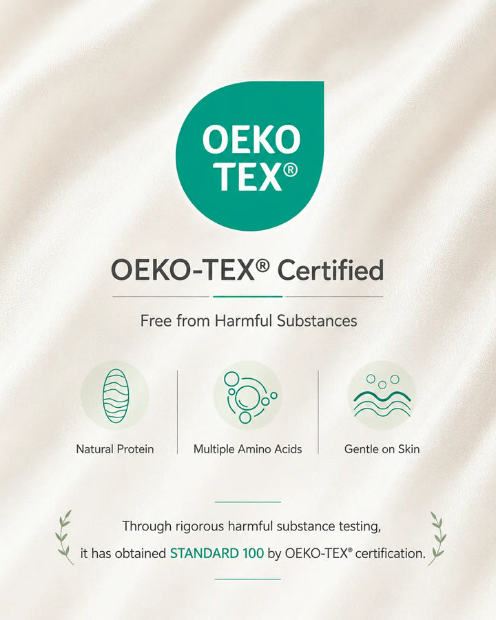 OEKO-TEX certification logo on a beige background with text about product safety and testing.