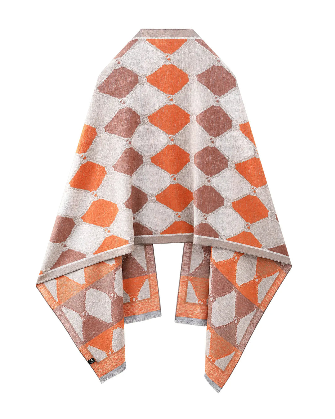 Patterned fabric with orange and beige geometric design on a white background