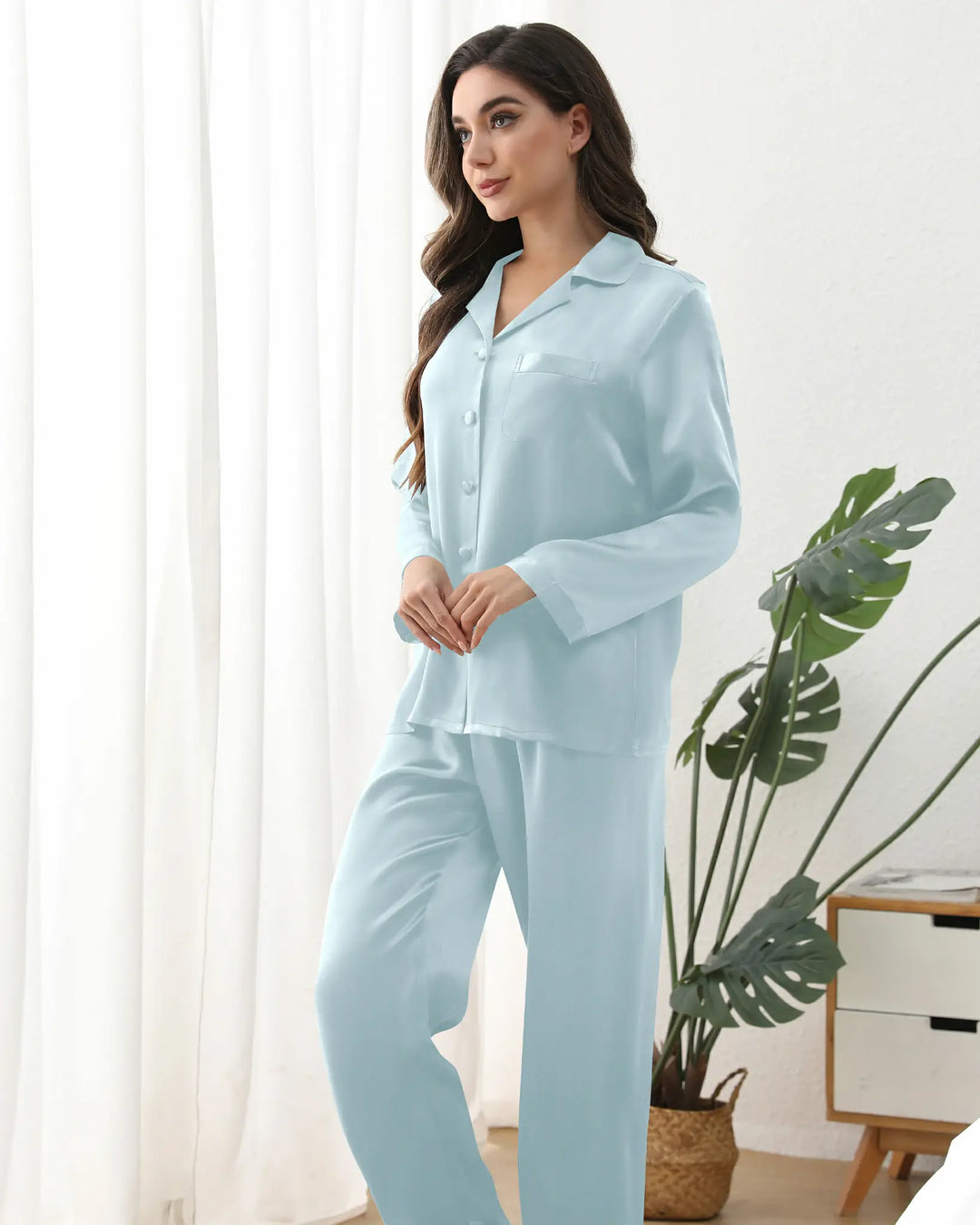 Every detail, from the French seams to the bias-cut hem, reflects artisanal craftsmanship. Hypoallergenic and machine-washable, this versatile set transitions seamlessly from bedtime to casual lounging, making it an ideal gift for anniversaries, birthdays, or a well-deserved self-care treat.#color_light-blue