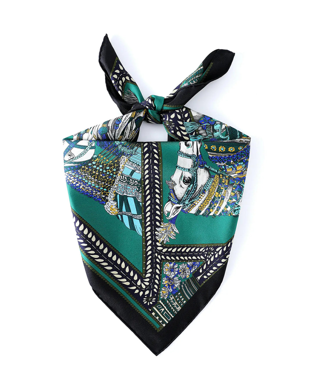 Colorful patterned scarf with black border on a white background