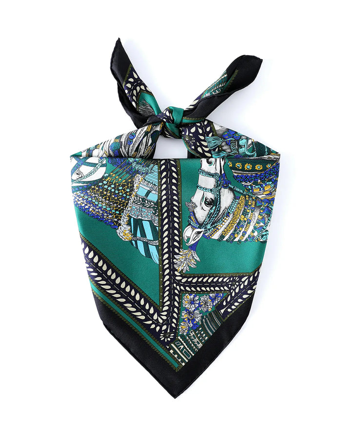 Colorful patterned scarf with black border on a white background