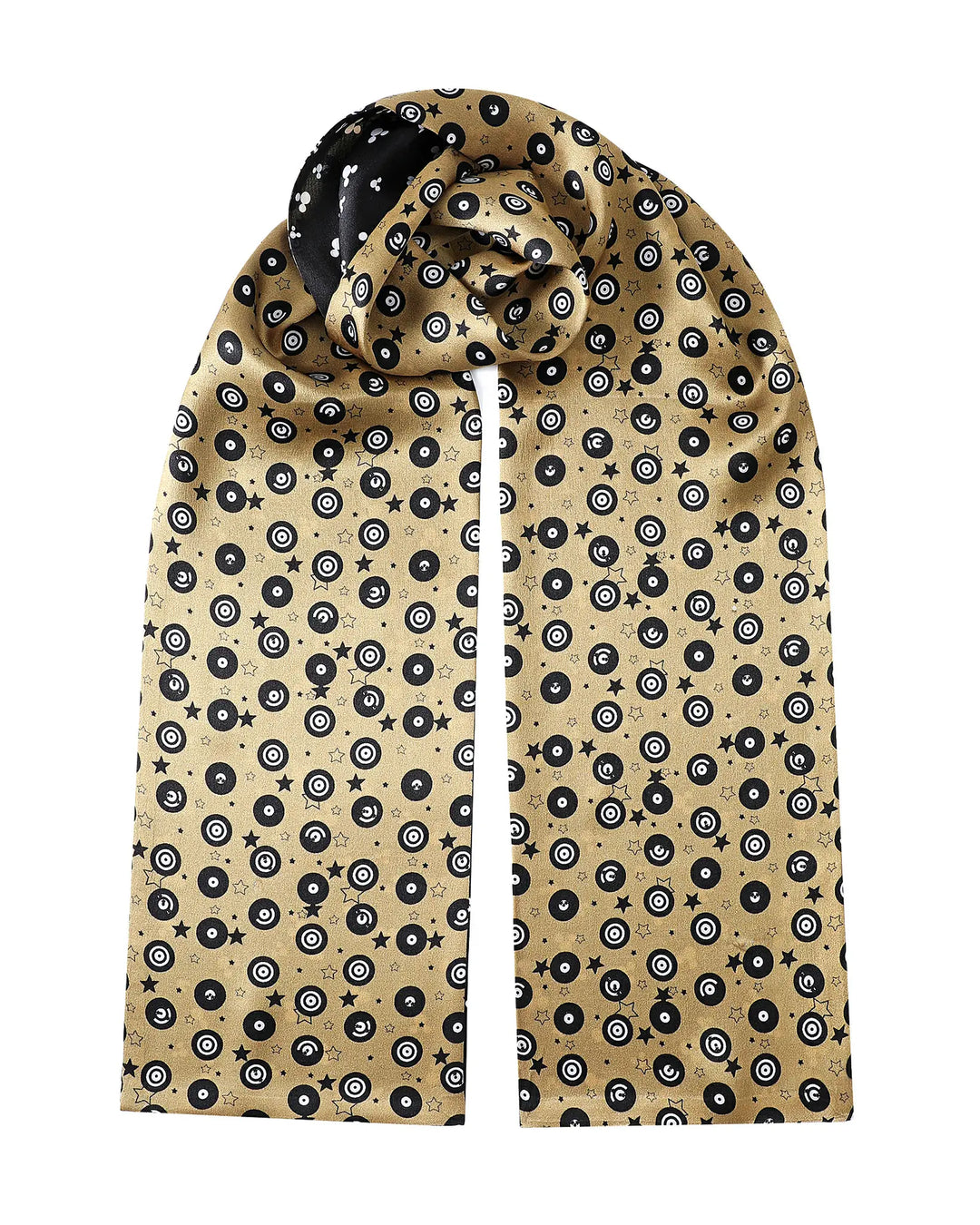 Beige scarf with black circular pattern on a white background
