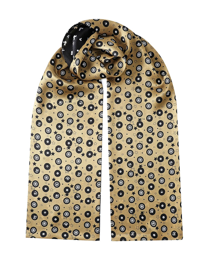Beige scarf with black circular pattern on a white background