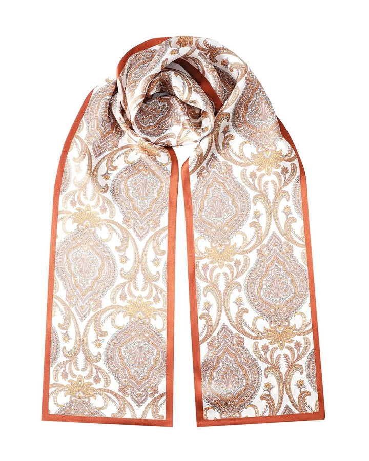100% Mulberry Silk Skinny Scarf - Orange Border Paisley