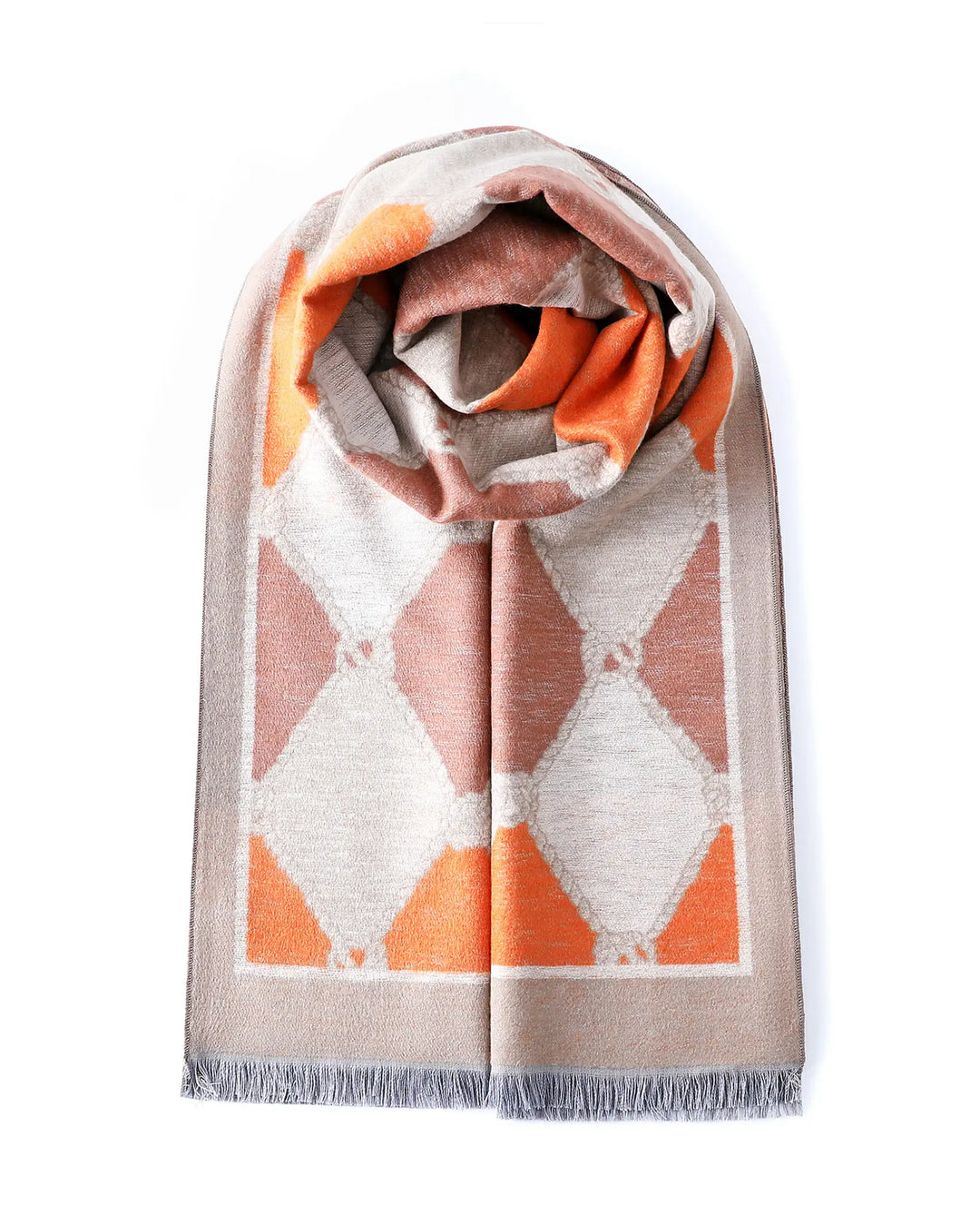 Folded diamond patterned scarf with orange and beige colors on a white background