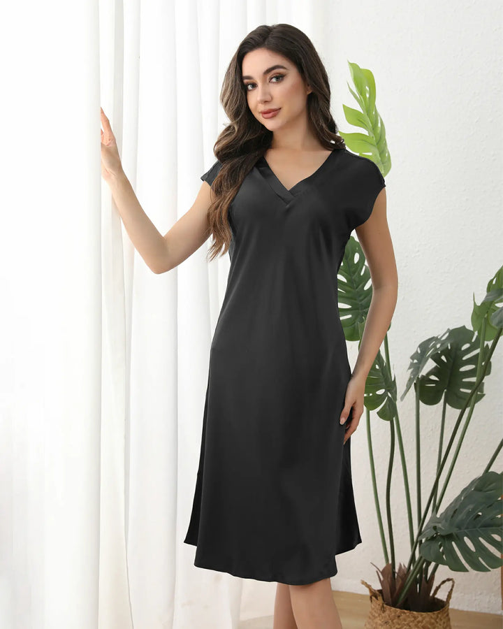 Pair this nightdress with a tailored blazer for office-ready elegance or let it shine alone in a cozy robe ensemble. Its versatile design adapts to holidays.#color_black