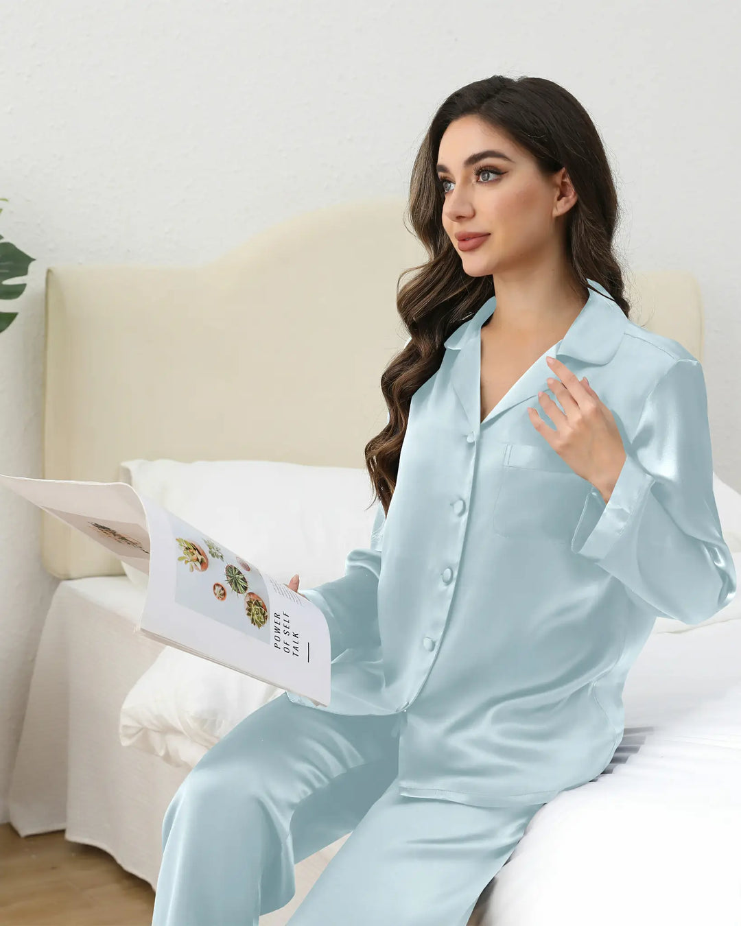 100% Mulberry Silk Women’s Long Sleeve Pajamas Set - V-Neck Collar, Adjustable Waist, Premium Solid-Color Loungewear.#color_light-blue