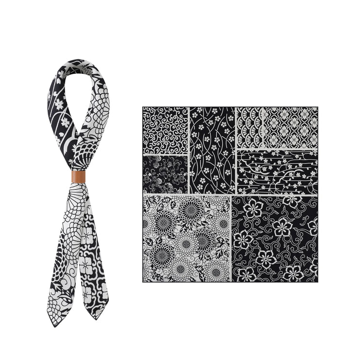 Seeker Black Square Silk Scarf from SusanSilk, featuring a blend of floral and geometric designs in black and white, made of luxurious silk, displayed next to a grid of eight similarly patterned swatches.