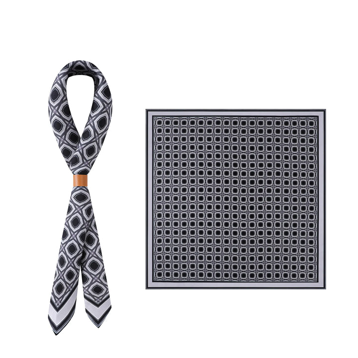 A Sakuma Gray Square Silk Scarf, from the renowned brand SusanSilk, features an intricate black and white geometric pattern. It is showcased tied in a loop on the left and laid flat on the right.