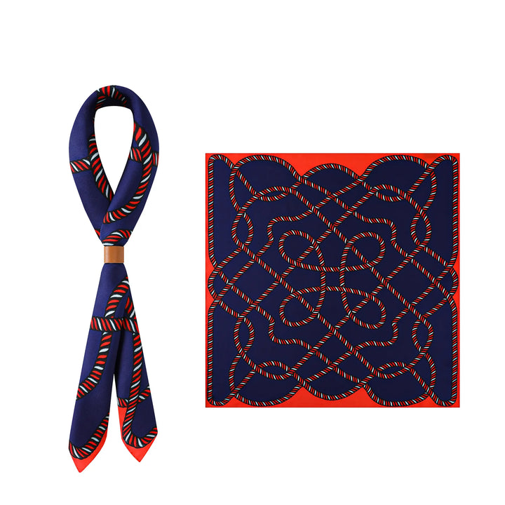 Image showing a Witch Hazel Orange Square Silk Scarf with red, white, and blue intertwined stripes pattern. On the left, the scarf is knotted, and on the right, it is laid out flat, showcasing the detailed design. This SusanSilk accessory adds elegance to any outfit.