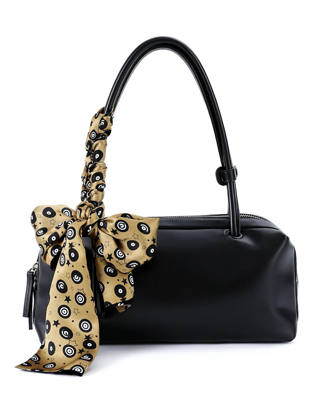Black handbag with a decorative bow on a white background