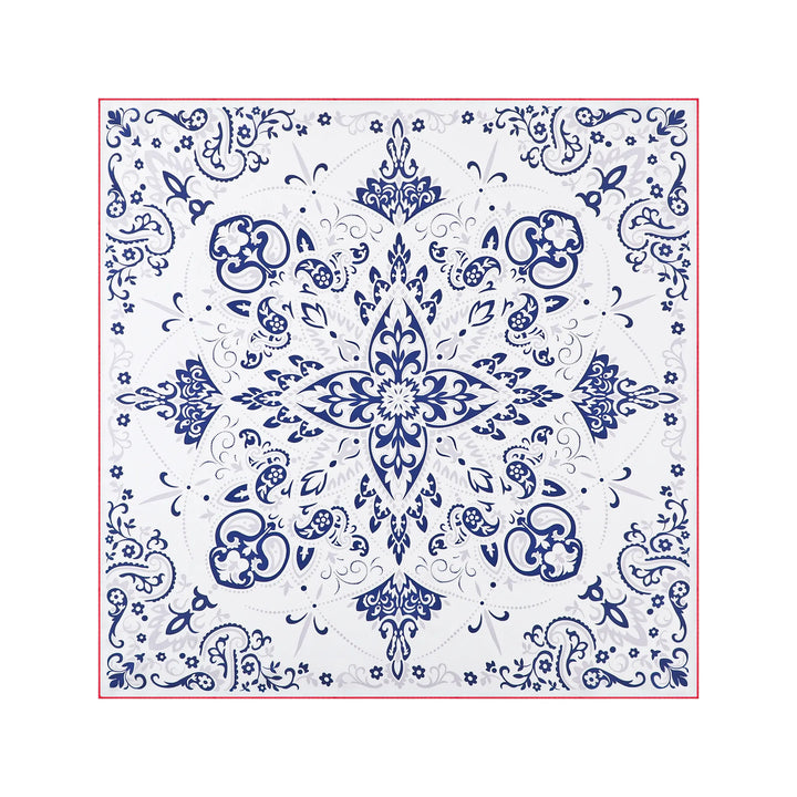 The Cashew Orchid Flower Square Silk Scarf by SusanSilk showcases an exquisite blue and white paisley bandana design, adorned with symmetrical floral and leaf patterns centered around a star-shaped motif on luxurious silk.