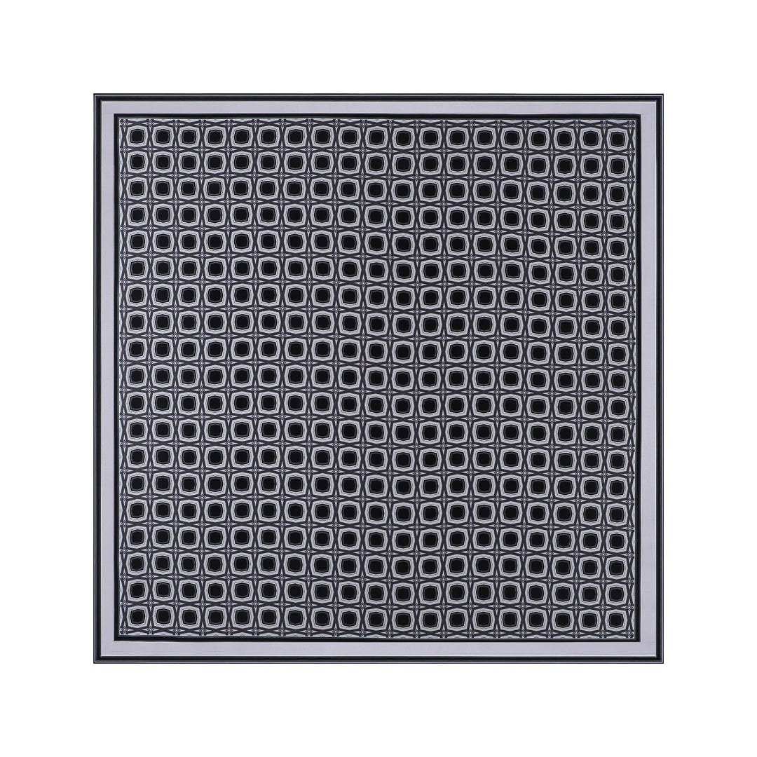 A black and white pattern consisting of repeated small squares within larger squares, framed with a thin black border, creates an elegant design reminiscent of the Sakuma Gray Square Silk Scarf by SusanSilk.