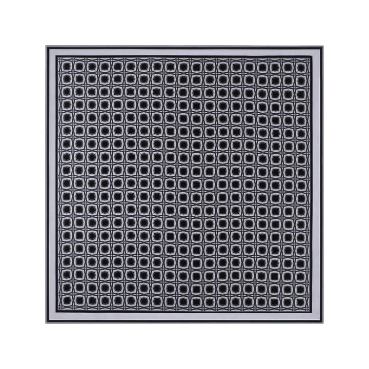 A black and white pattern consisting of repeated small squares within larger squares, framed with a thin black border, creates an elegant design reminiscent of the Sakuma Gray Square Silk Scarf by SusanSilk.