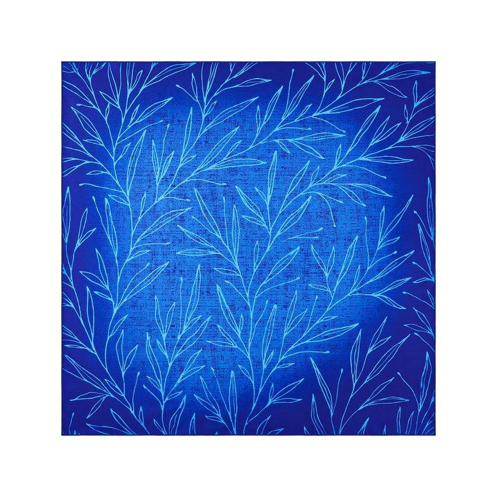 The Blue Sky Square Silk Scarf by SusanSilk features an abstract pattern of white, thin, leaf-like lines.