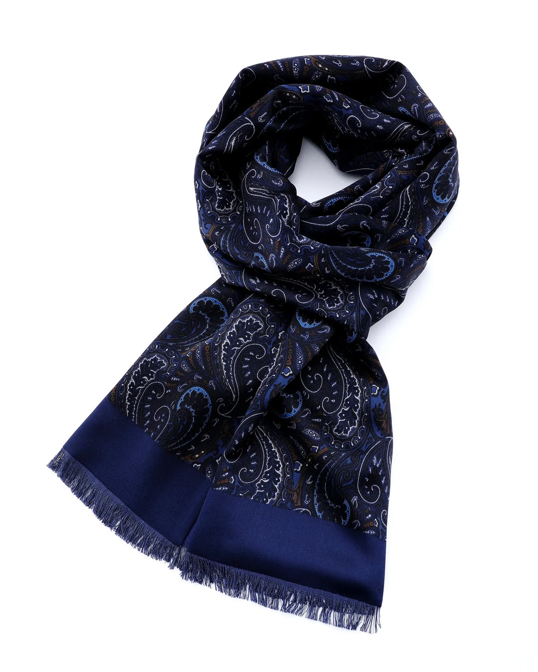 A navy blue scarf with a detailed paisley pattern in lighter blue and white, featuring a solid navy border and fringed edges, displayed on a clean white background.#color_navy-blue