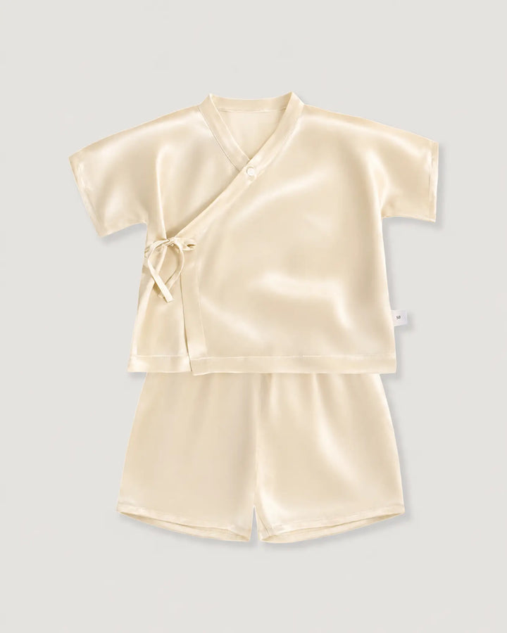Butter cream mulberry silk baby pajama set with kimono wrap top and soft silk shorts made from 19 momme silk