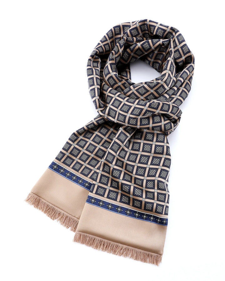 Champagne mulberry silk scarf styled elegantly around the neck for refined everyday fashion.#color_antique-gold