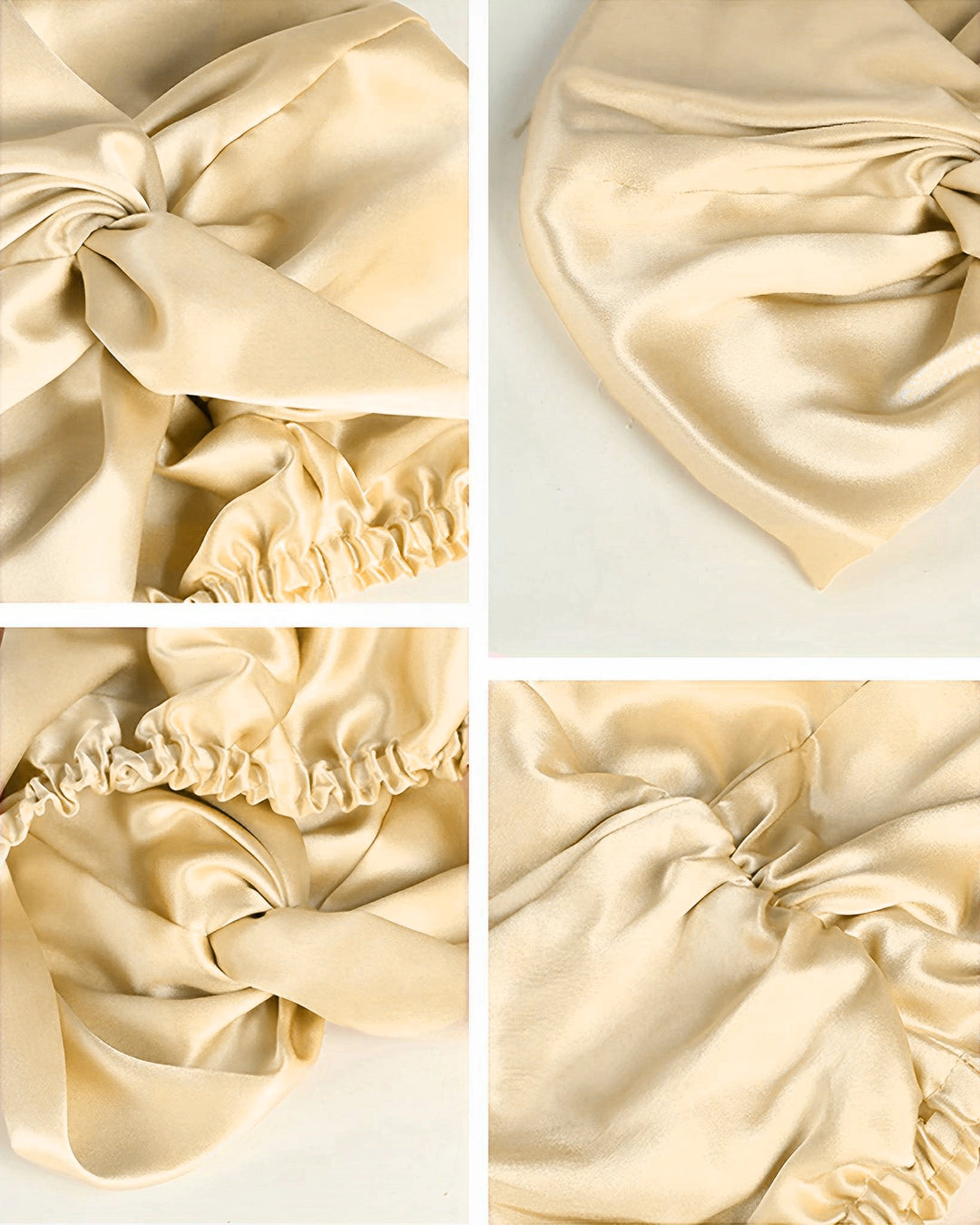 Model wearing premium double layer mulberry silk sleep bonnet, fully lined pure silk bonnet gentle on hair and skin