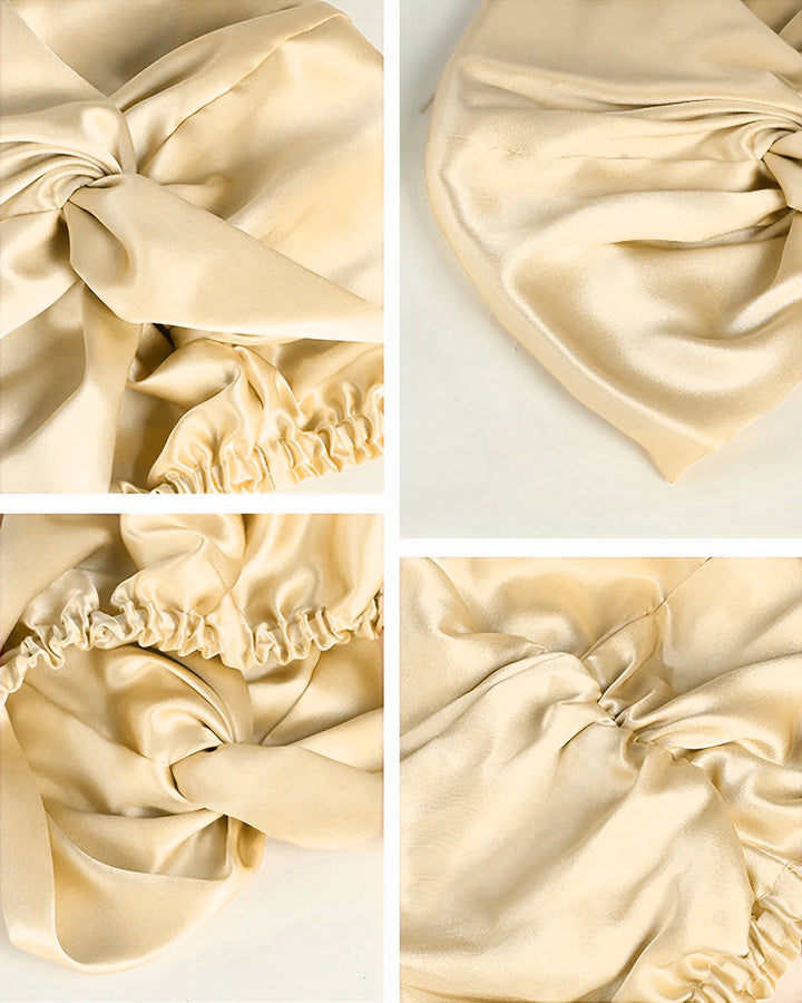 Model wearing premium double layer mulberry silk sleep bonnet, fully lined pure silk bonnet gentle on hair and skin