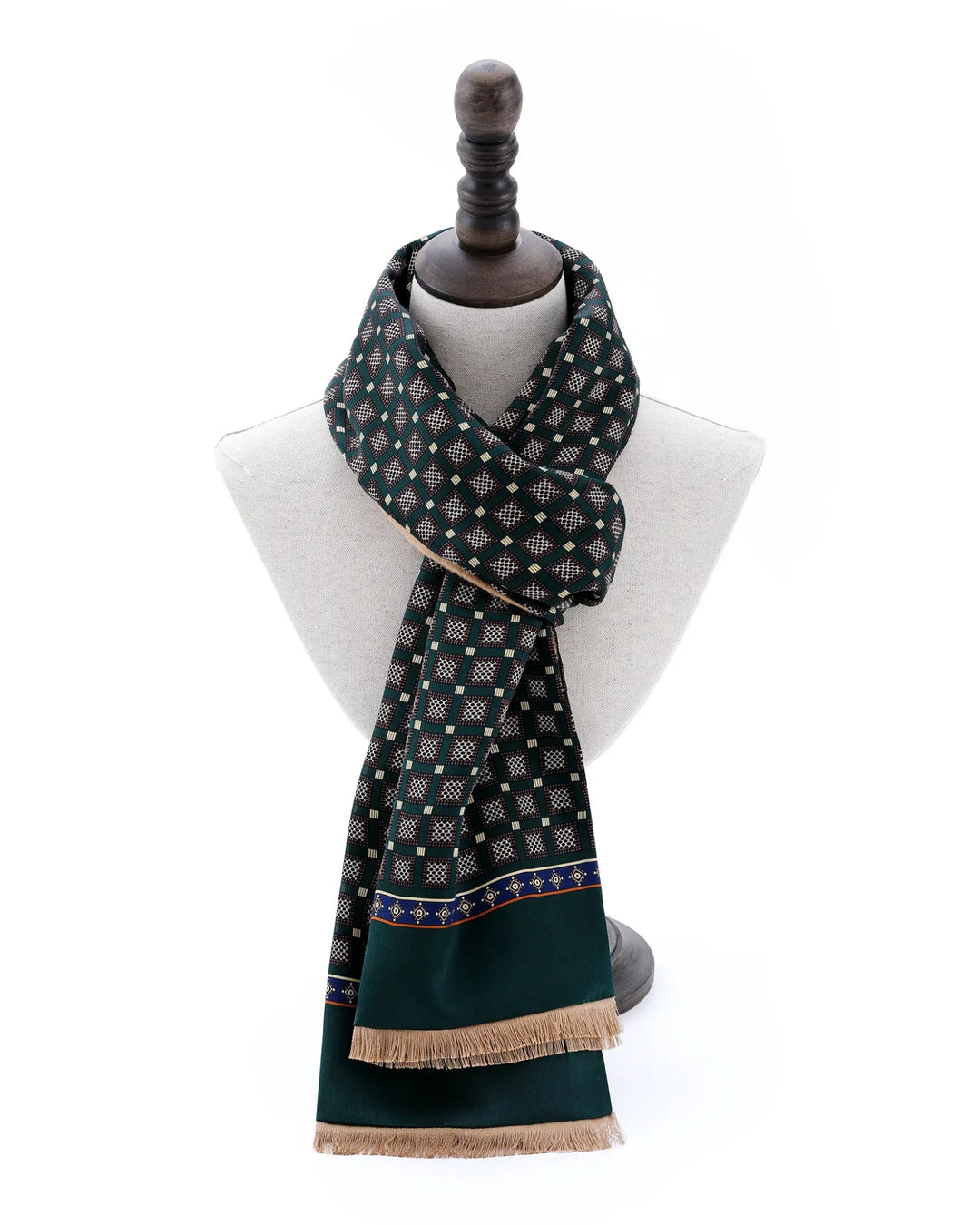 Classic wrap style featuring SUSANSILK green double-sided brushed silk scarf.#color_forest-green
