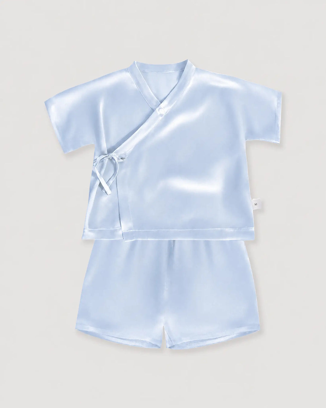 Ice blue mulberry silk baby pajama set made from smooth breathable 19 momme silk for sleep and lounging
