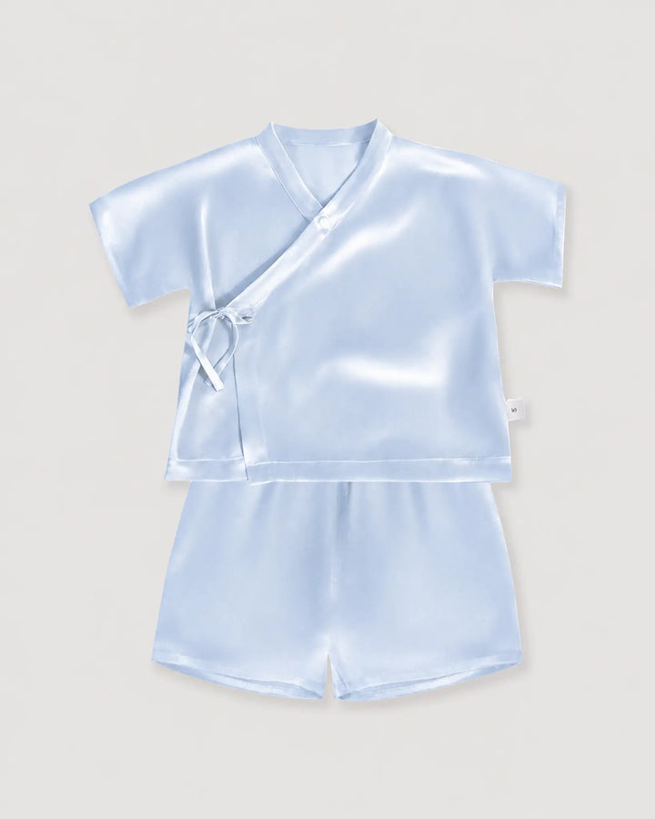 Ice blue mulberry silk baby pajama set made from smooth breathable 19 momme silk for sleep and lounging