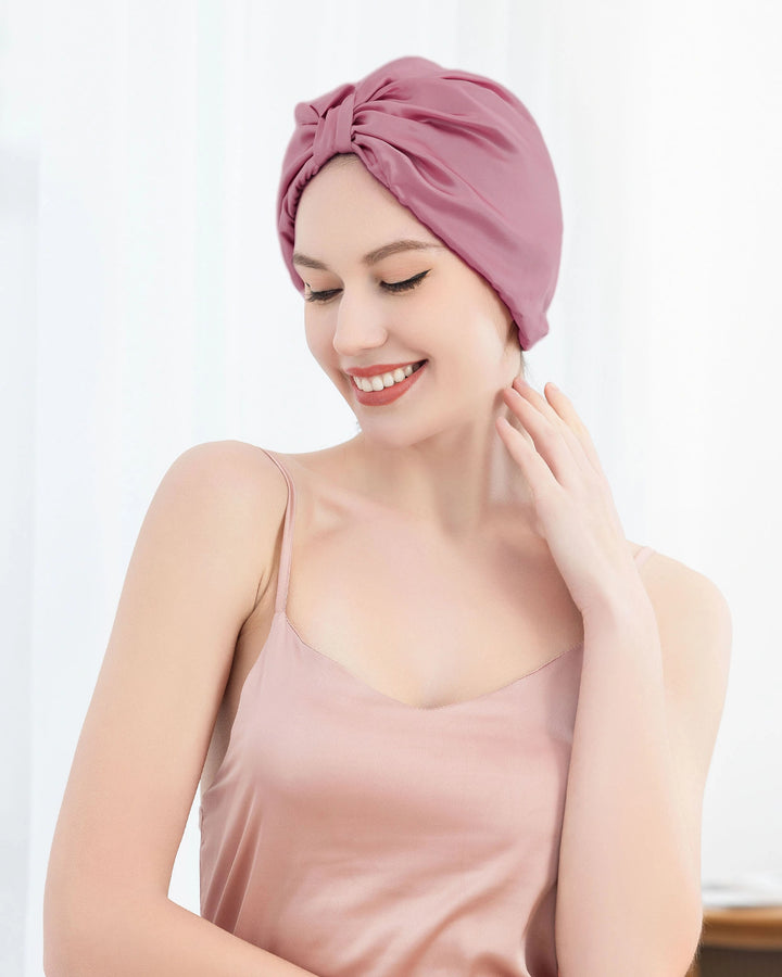Model wearing mulberry silk sleep bonnet with smooth breathable silk, gentle fit that keeps hair neat and forehead comfortable