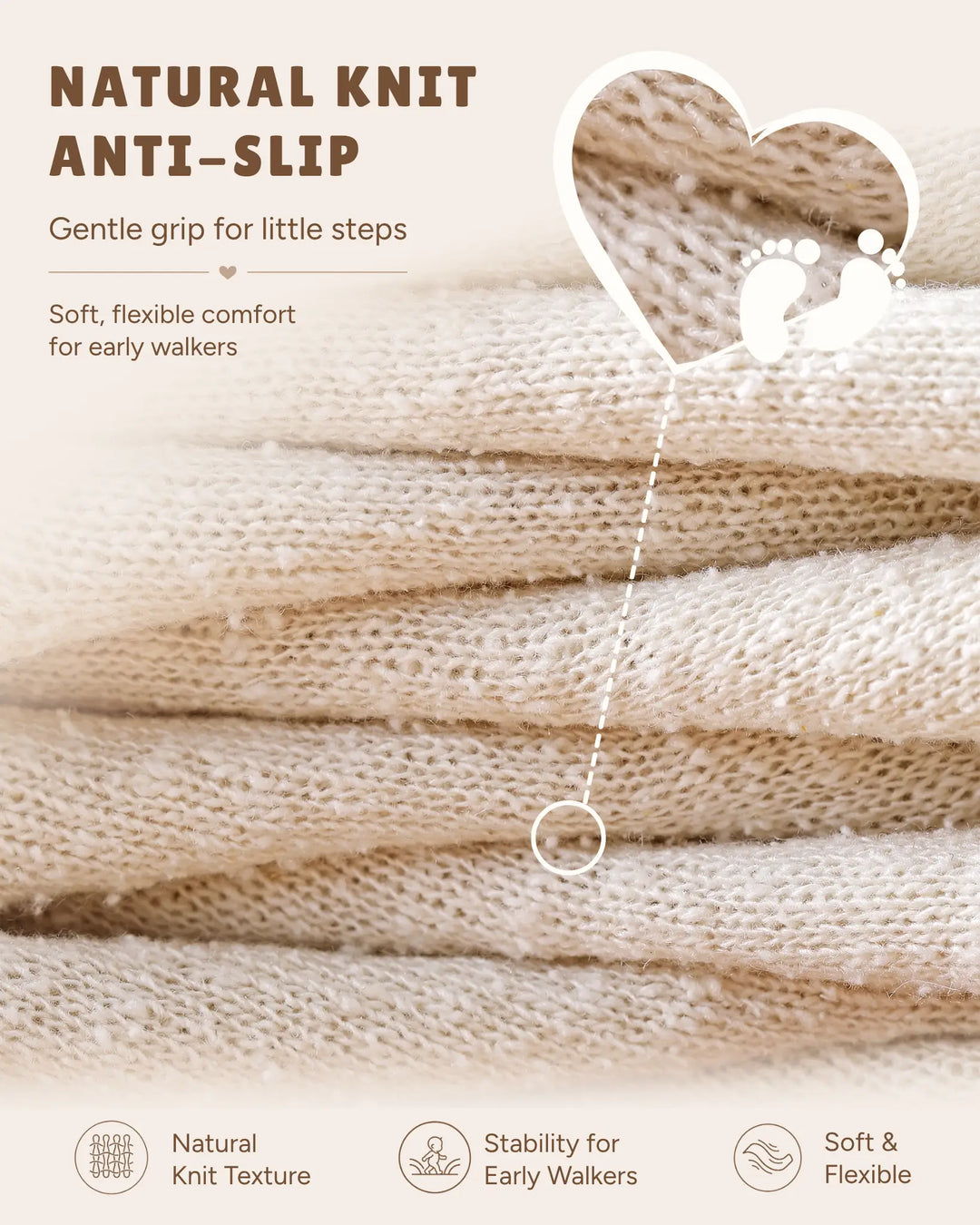 Close-up of SUSANSILK pure mulberry silk toddler socks featuring a natural knit anti-slip texture. Soft, flexible, and comfortable socks designed to provide gentle grip and stability for babies and early walkers.