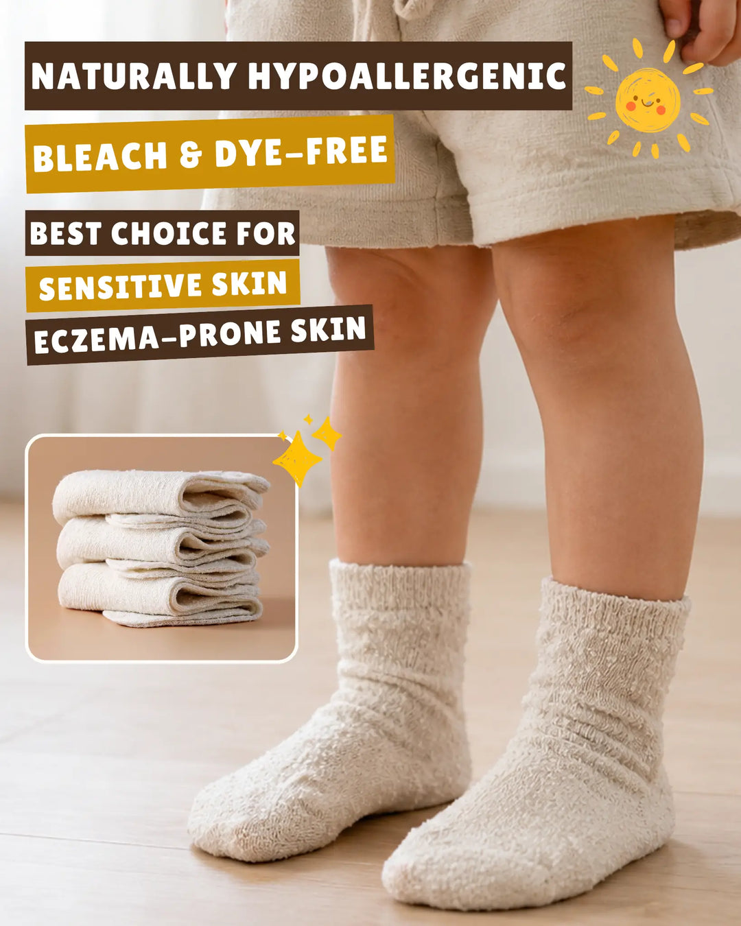 Toddler wearing undyed pure mulberry silk socks. Naturally hypoallergenic, bleach-free, and dye-free socks suitable for babies with sensitive skin or eczema-prone skin.