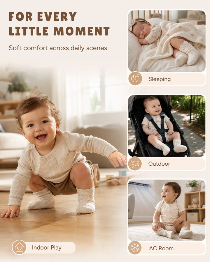Happy toddler wearing pure mulberry silk socks while playing indoors. Suitable for sleeping, stroller rides, air-conditioned rooms, and daily activities, providing soft comfort throughout the day.