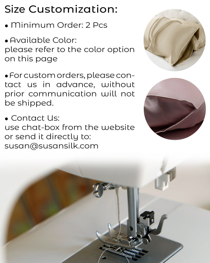 A flyer detailing size customization options for the luxurious New Arrival 22 Momme Silk Pillowcase Envelope: minimum order of 2 pieces, available colors shown. Custom orders require prior communication—email provided. Includes an image of the silk pillowcase and sewing machine with SusanSilk branding.