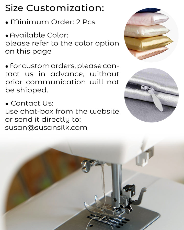 A flyer from SusanSilk showcasing size customization options for the 22 Momme Beauty Silk Pillowcase Zipper, including minimum order details, color options, and contact information. An image of stacked silk fabrics and a close-up of a sewing machine are included.