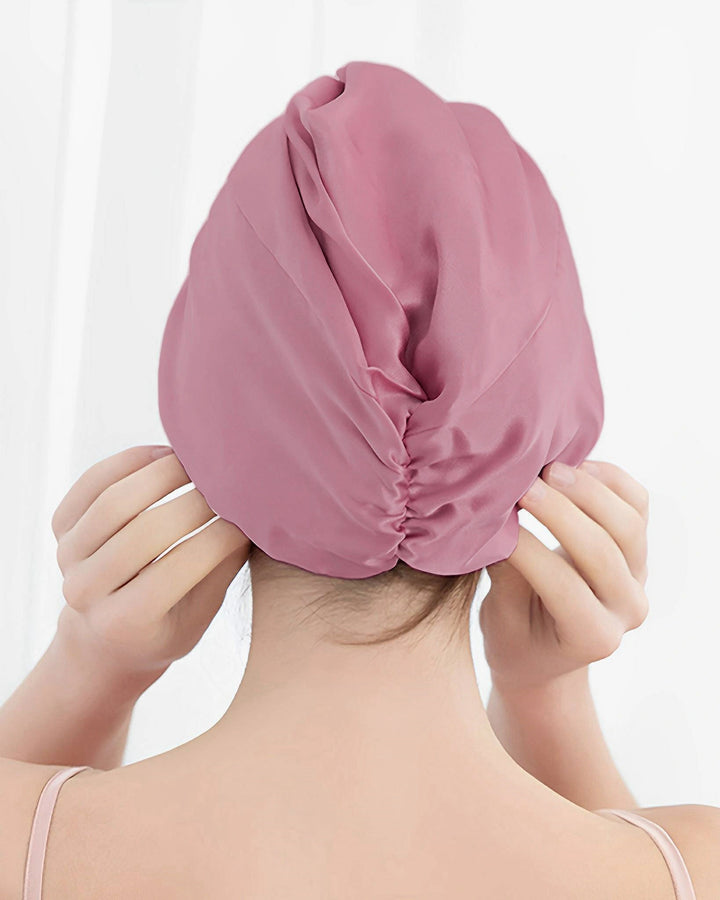 Model wearing premium double layer mulberry silk sleep bonnet, fully lined pure silk bonnet gentle on hair and skin